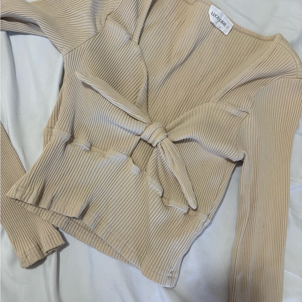Luca and Grae Beige Ribbed Long Sleeve Blouse